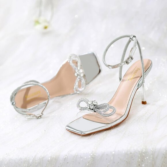 Women's Silver+bl Closed Toe Rhinestone Wedding Low Slingback Clear Kitten Heels - Picture 9 of 9